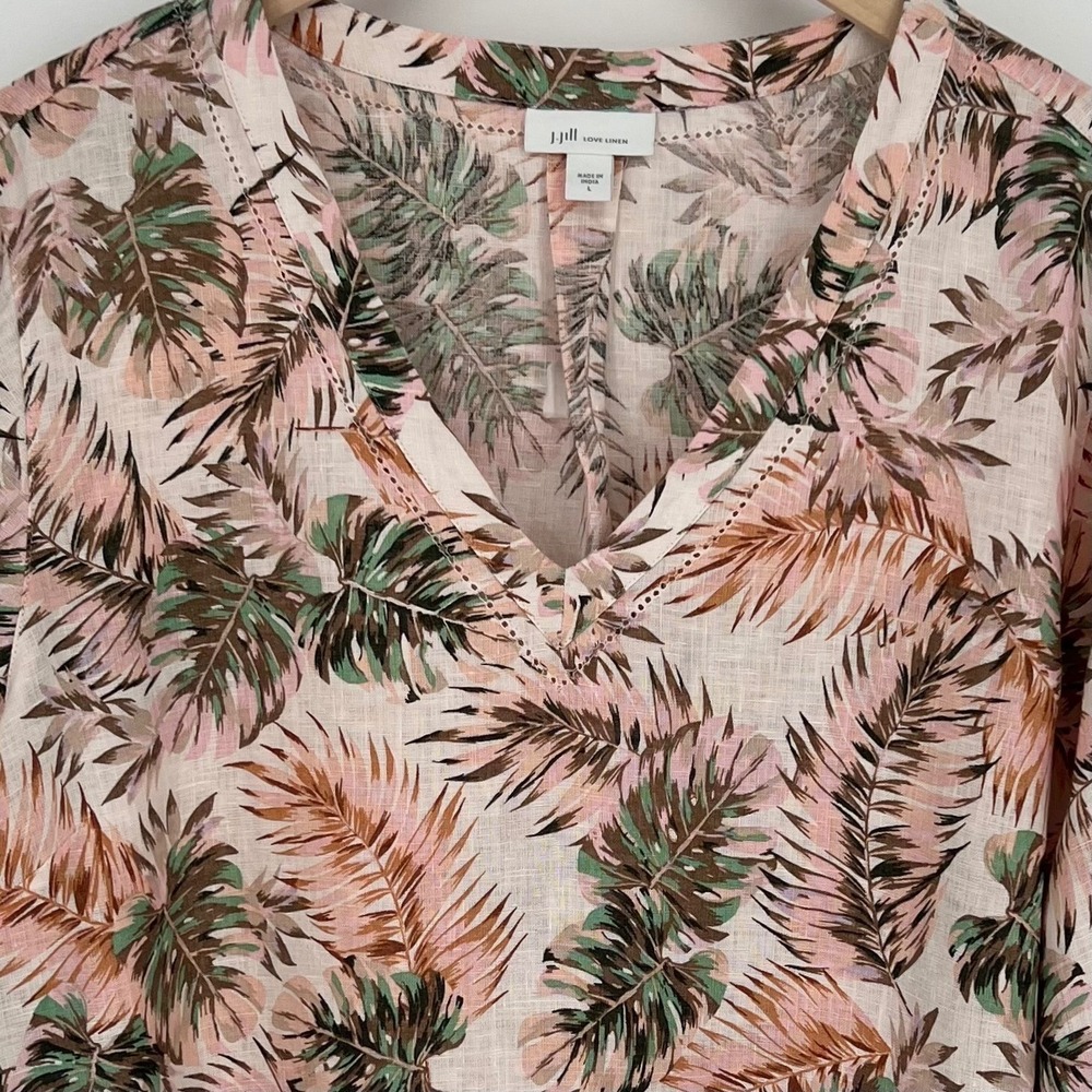 J. Jill Love Linen Women Tropical Palm Leaf Bell Sleeve‎ Tunic Top Size L Pink - Picture 3 of 11